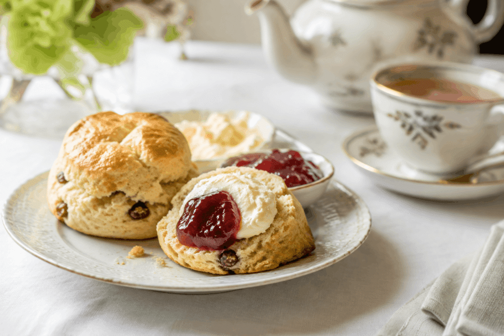 Fresh scones with clotted cream and strawberry jam